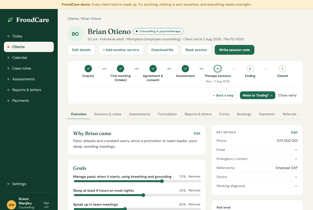 A client file showing the journey steps and tabs