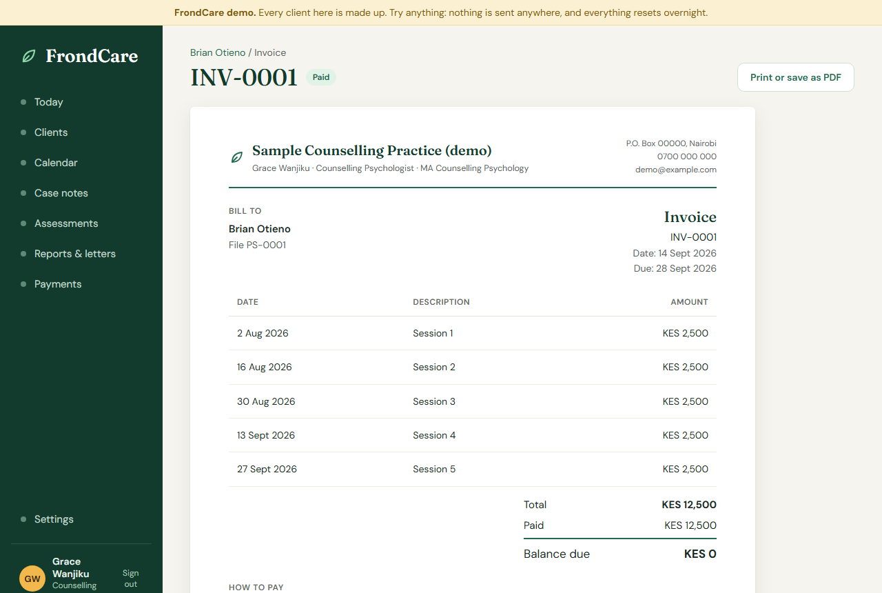 An invoice on the practice letterhead